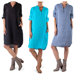 Mandarin collar linen dress