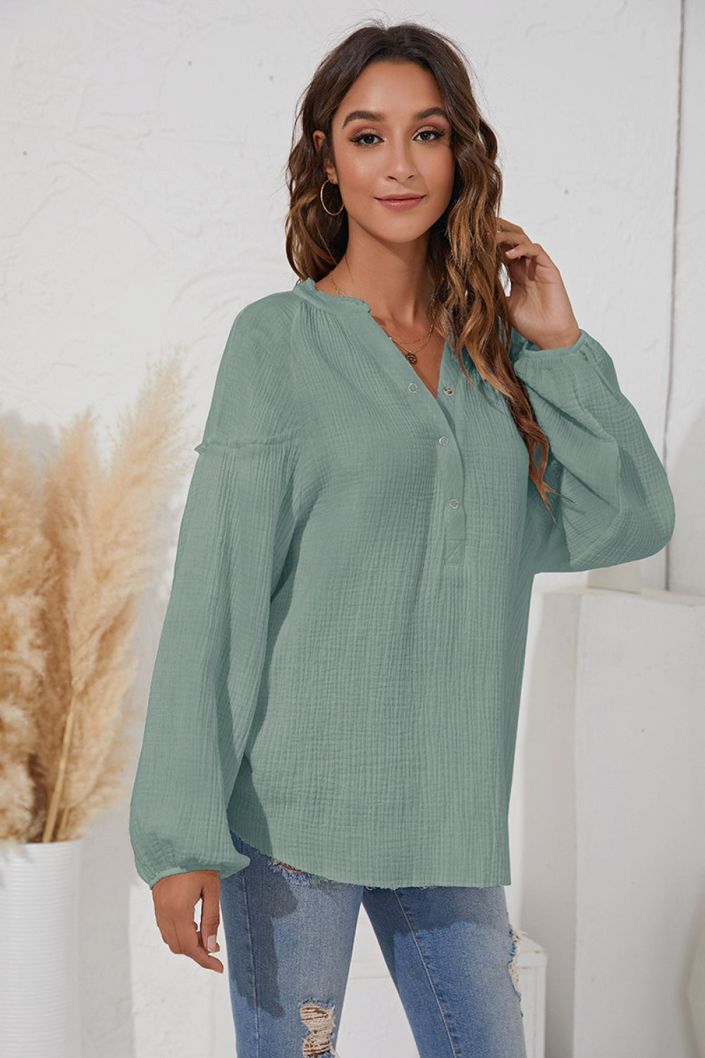 Puff Sleeve Button Up Top