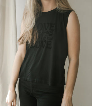 “Flocked lettering” Love flyaway tank